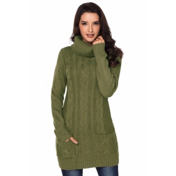 White Cowl Neck Cable Knit Sweater Dress Green